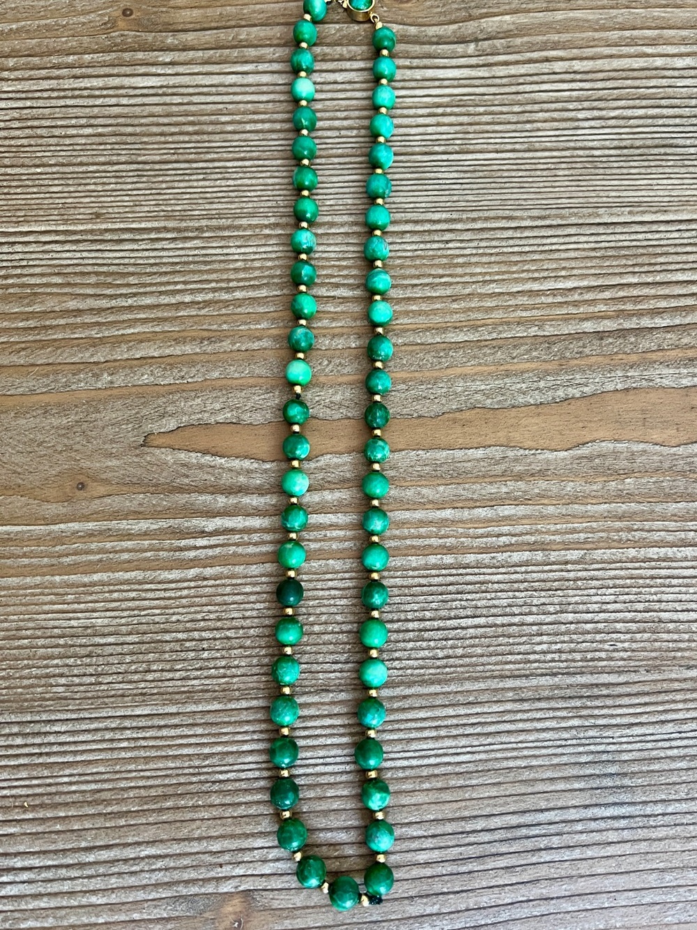 Vintage Green Stone Beaded Necklace, Gold Tone Clasp, 24”